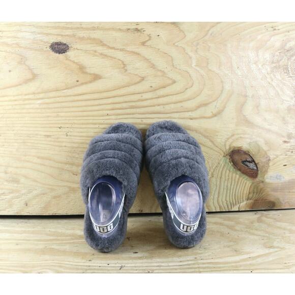 Ugg Slippers 8 Womens Gray Fluff Yeah Faux Fur Sandals Slides Slip On - Picture 4 of 8